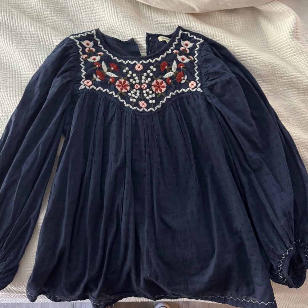 Max Studio Navy Blue Embroidered Blouse